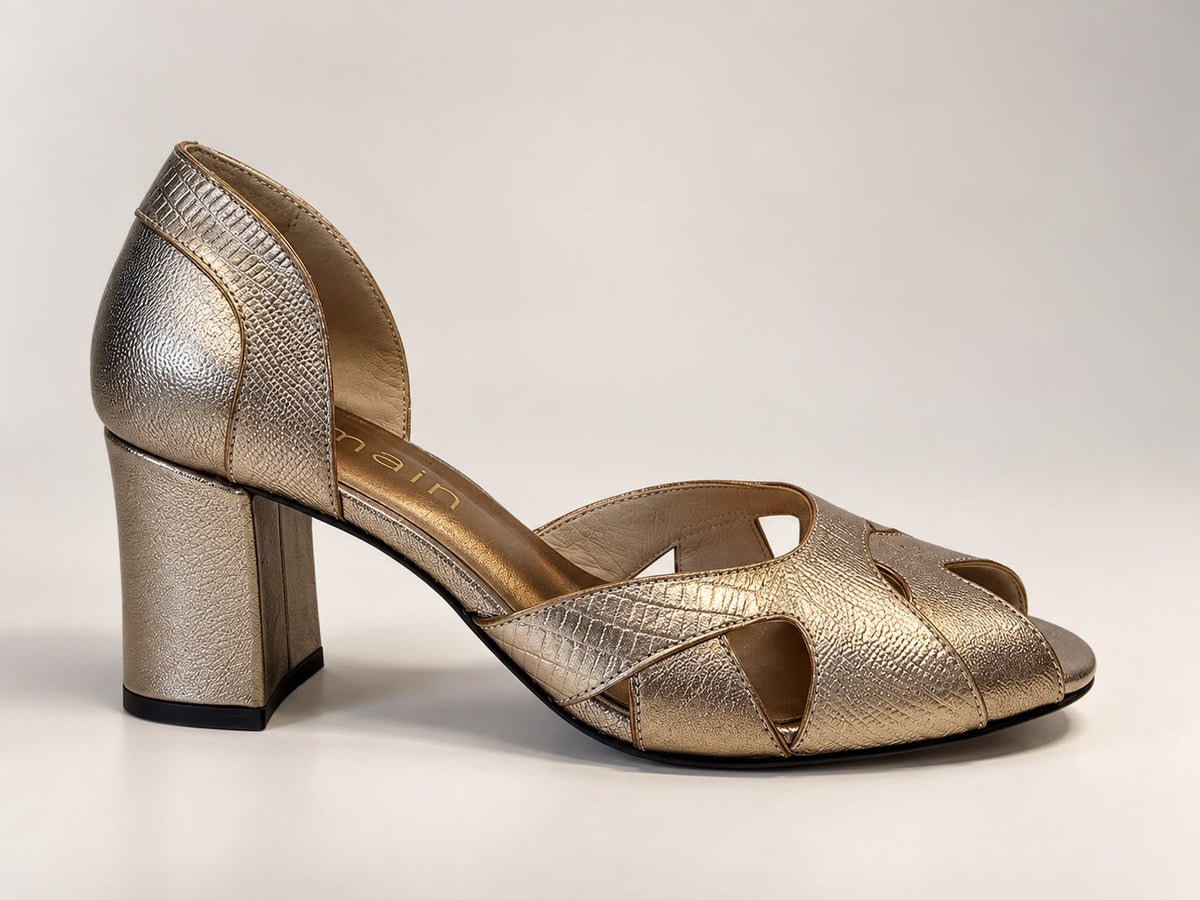 Peep Toe Simone em Couro Legítimo Prata Velho - Detalhes em Piton