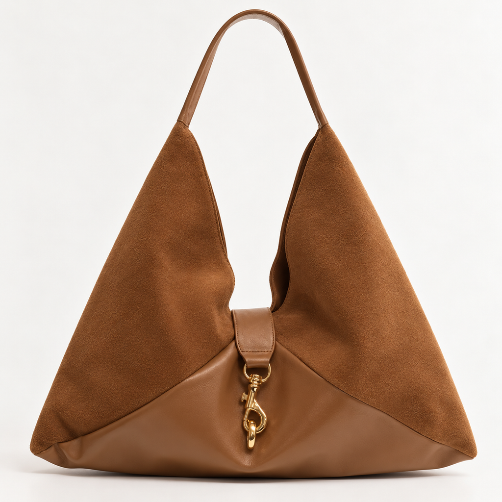 Bolsa Babi em Camurça Caramelo - Detalhes em Dourado