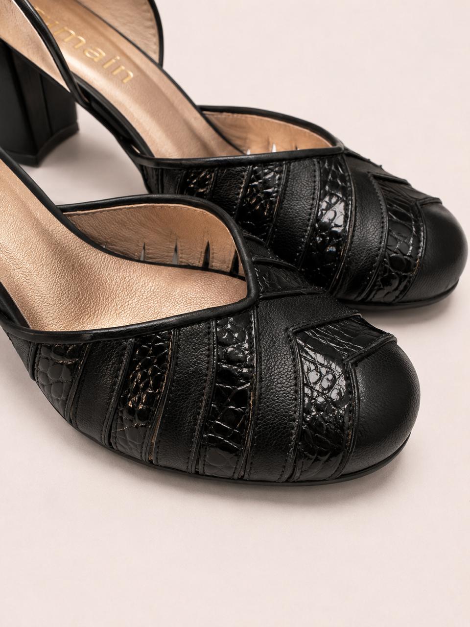Sapato Jana em Couro Legítimo em Preto - Detalhes em Croco