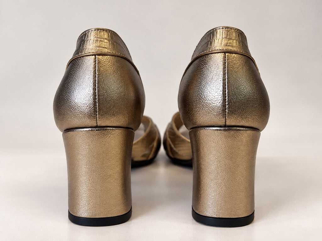 Peep Toe Simone em Couro Legítimo Prata Velho - Detalhes em Piton
