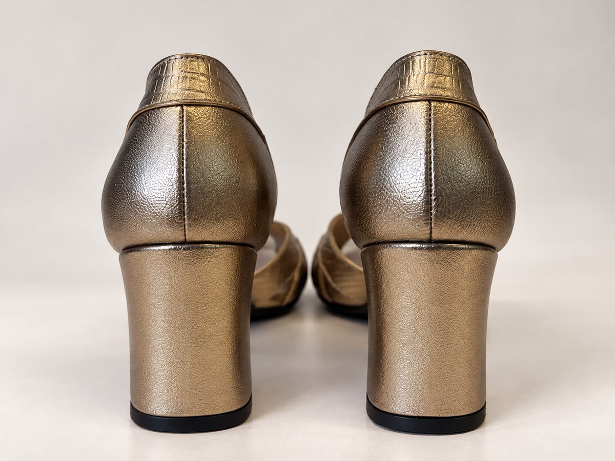 Peep Toe Simone em Couro Legítimo Prata Velho - Detalhes em Piton