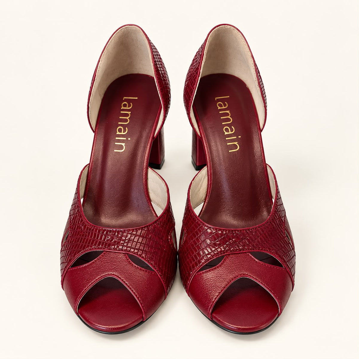 Peep Toe Simone em Couro Legítimo Vermelho - Detalhes em Leazar