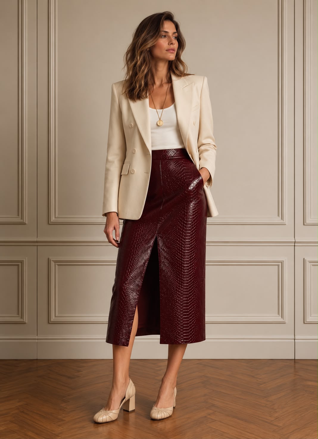 Scarpin Gaia — Couro nude com Detalhes em Ouro Velho