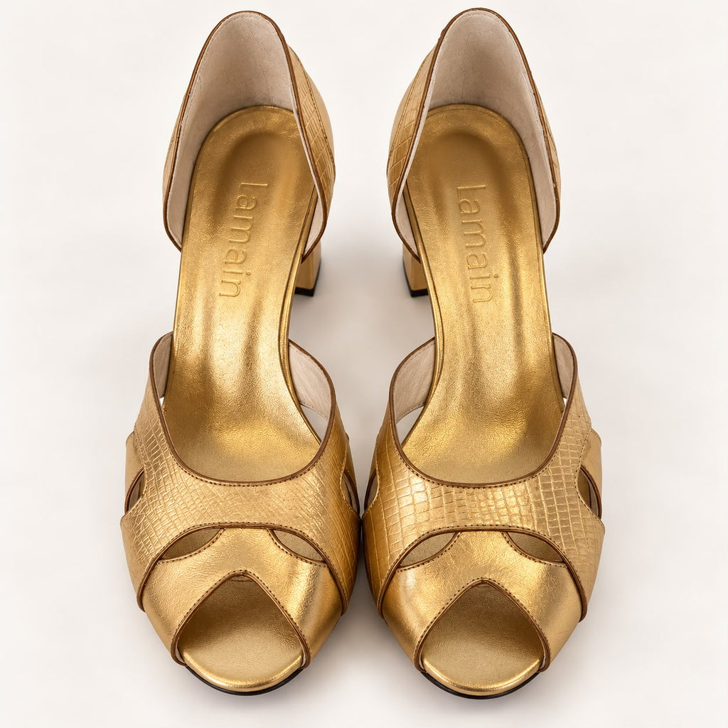 Peep Toe Simone em Couro Legítimo Ouro - Detalhes em Leazar