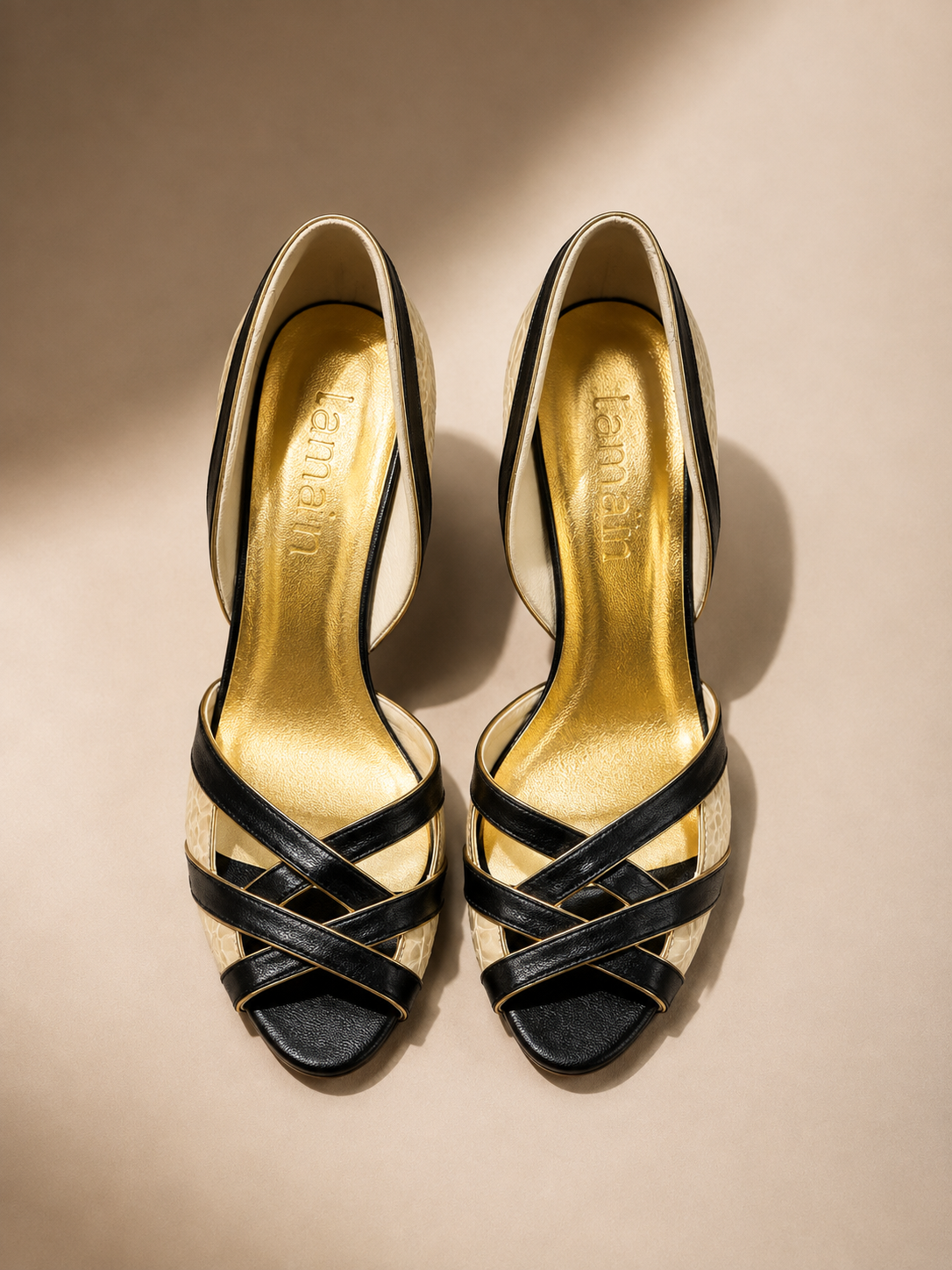 Peep Toe Giulia em Couro Legítimo Preto - Detalhes em Croco Off White