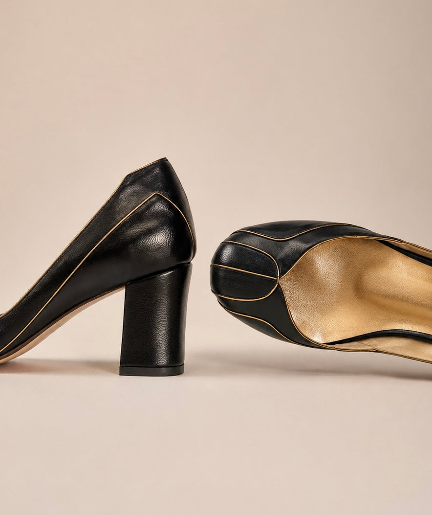 Sonia Shoe - Black Leatherette medium block heel