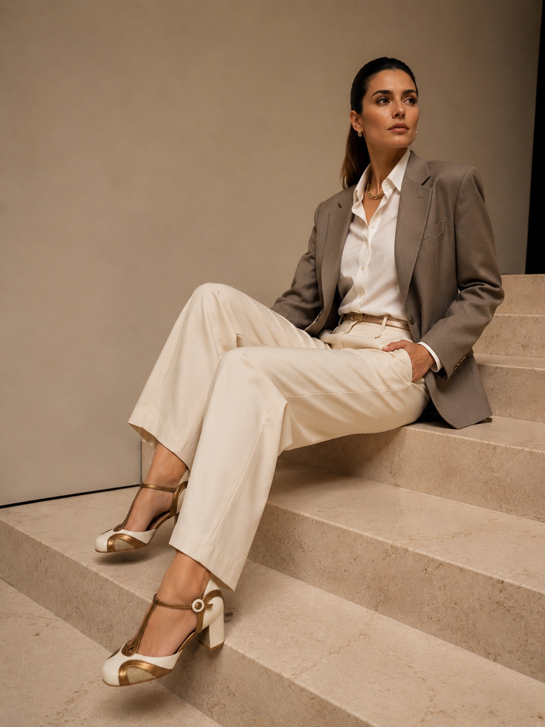 Sapato Leona em Couro Legítimo Off White - Detalhes em Ouro Velho Salto Médio