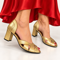 Peep Toe Simone em Couro Legítimo Ouro - Detalhes em Leazar