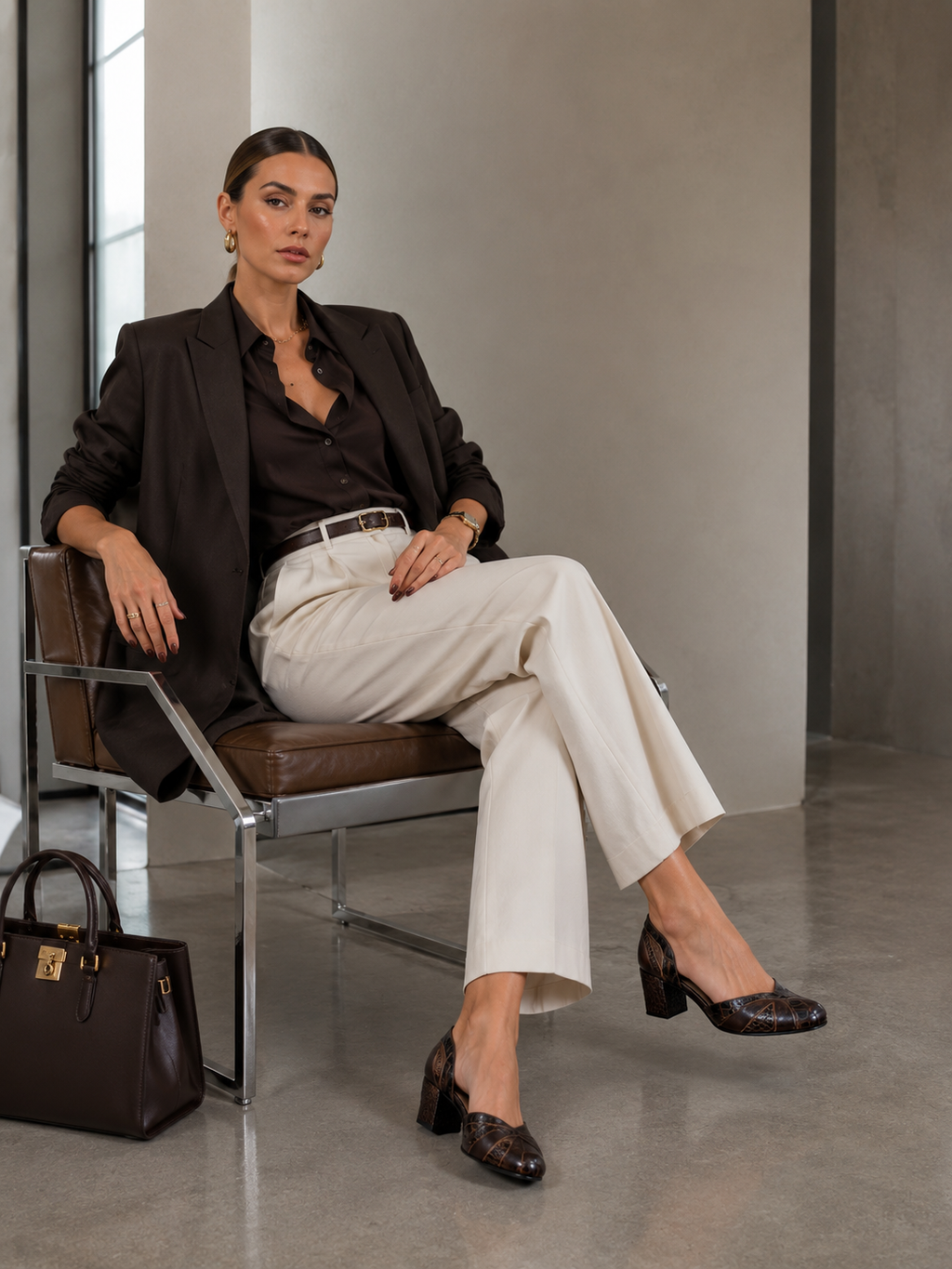 Sapato Gaia — Couro Café com Detalhes Texturizados Croco Salto bloco