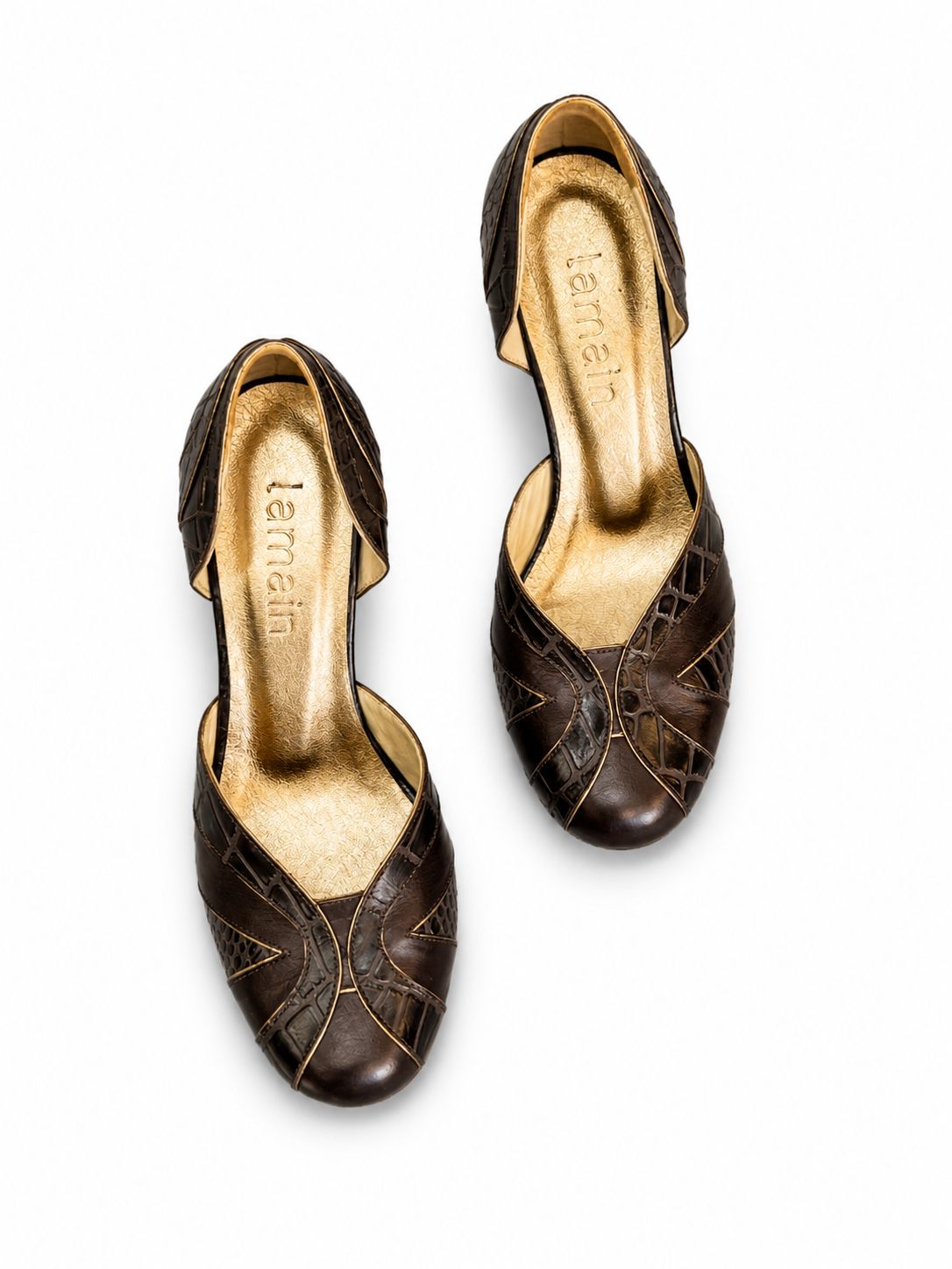 Scarpin Gaia — Couro Café com Detalhes Texturizados Croco Salto bloco