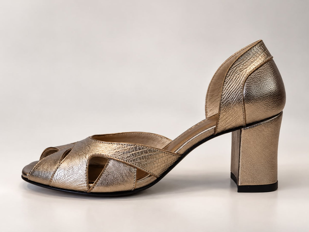 Peep Toe Simone em Couro Legítimo Prata Velho - Detalhes em Piton