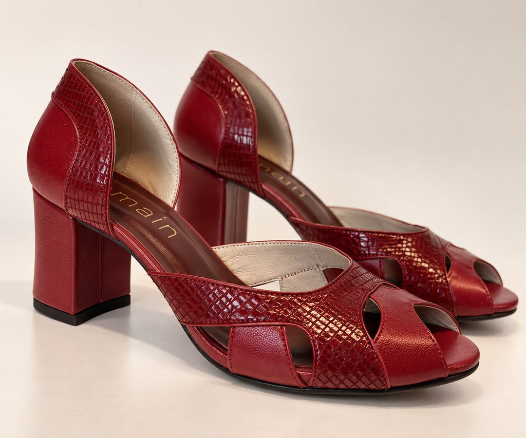 Peep Toe Simone em Couro Legítimo Vermelho - Detalhes em Leazar